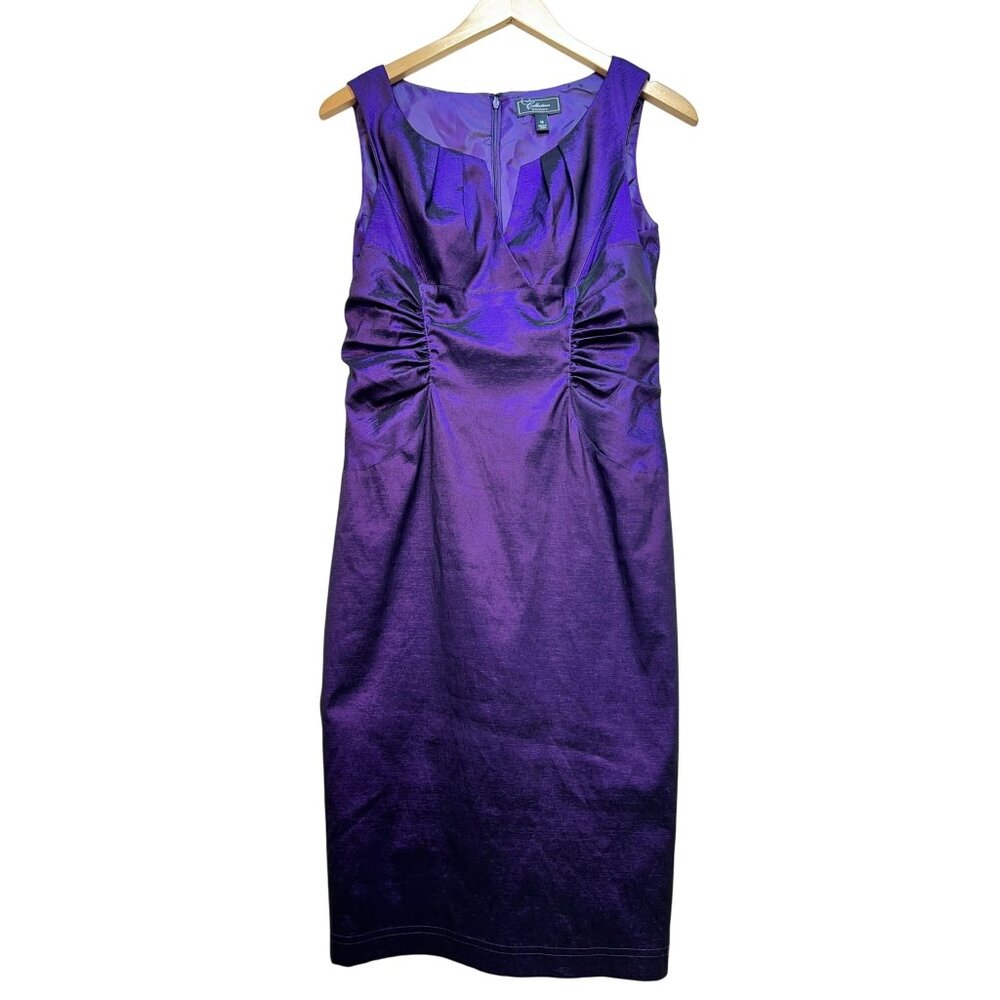 Dressbarn Collection Womens Cocktail Sheath Dress 10 Metallic Purple Ruched